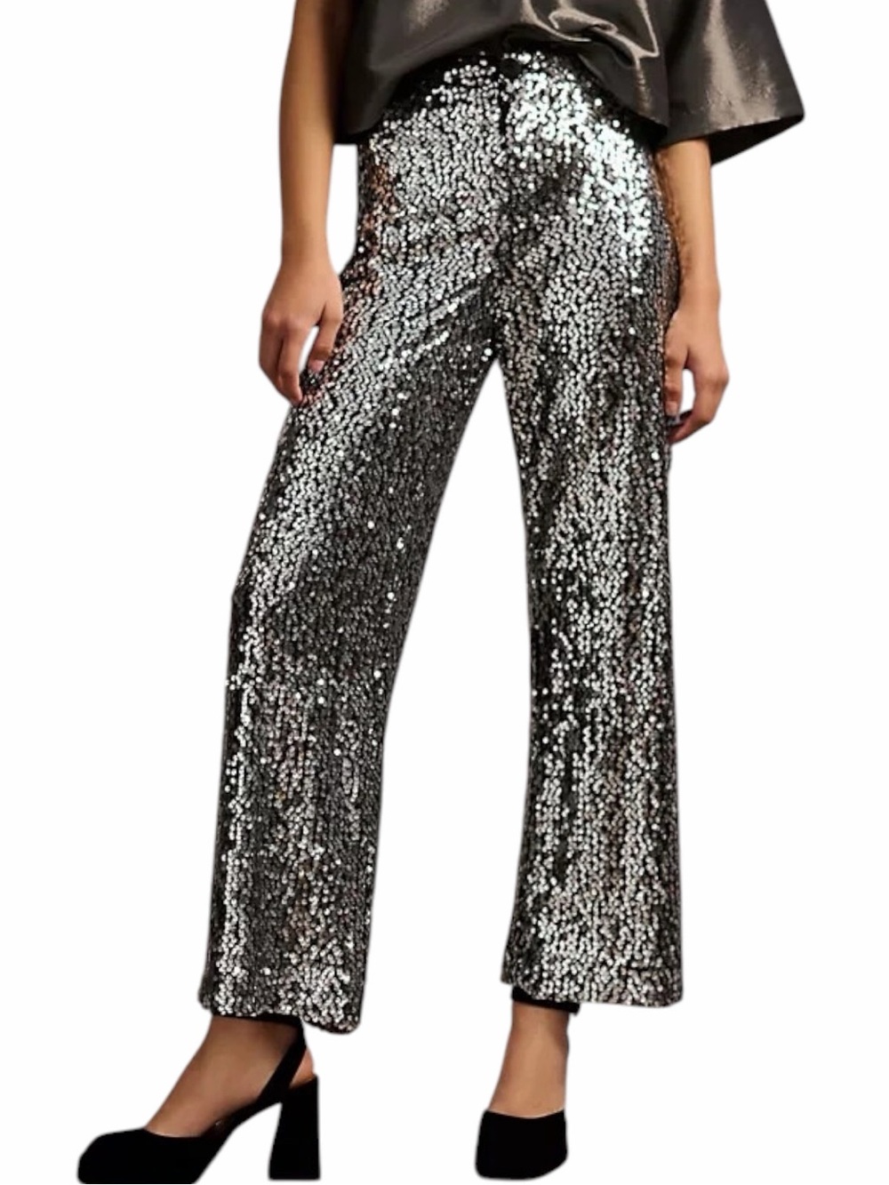 NEW Anthropologie The Colette Cropped Wide-Leg Sequin Pants silver Size‎ 28 $198